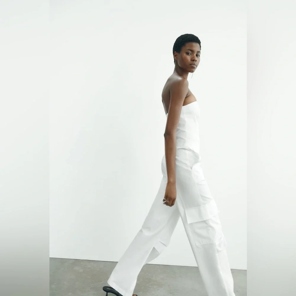 NWT Zara Strapless Wide Leg Cargo Jumpsuit in Off-White - Picture 12 of 16